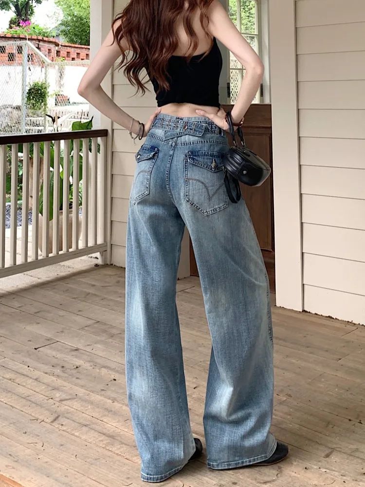 Retro American Blue Washed Jeans Women's Summer Embroidered High Waist Wide Leg Pants Floor-Length Casual Style Denim Skinnies
Retro American Blue Washed Jeans Women's Summer Embroidered High Waist Wide Leg Pants Floor-Length Casual Style Denim Skinnies