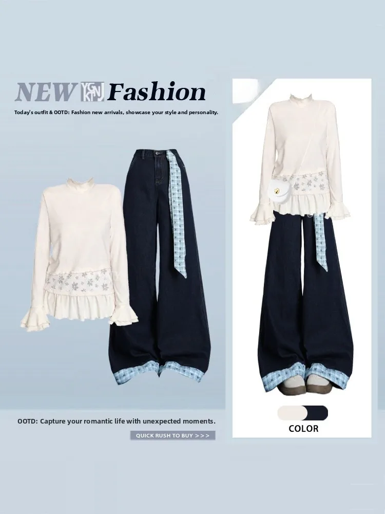 Chic Halter Neck Lace Trim Base Shirt Spring Blue Denim Pants Two Piece Set Women's Fashion Slim Fit Hollow out Long Sleeve Top
Chic Halter Neck Lace Trim Base Shirt Spring Blue Denim Pants Two Piece Set Women's Fashion Slim Fit Hollow out Long Sleeve Top