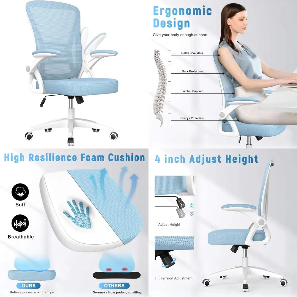 Синее эргономичное офисное кресло с сетчатой спинкой, регулируемой высотой, откидными подлокотниками и поясничной опорой
Синее эргономичное офисное кресло с сетчатой спинкой, регулируемой высотой, откидными подлокотниками и поясничной опорой