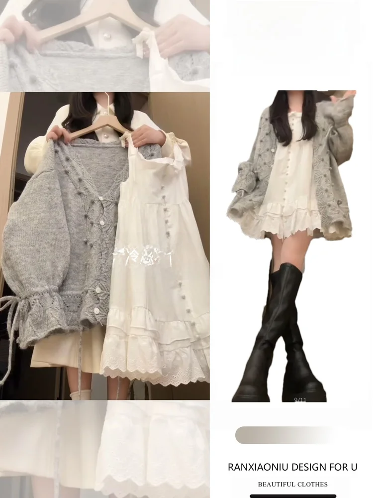 Gentle Korean Sle Knitted Set Women's Loose Lantern Sve Hook Flower Long Sve V-Ne Open Cardigan with Strap Skirt
Gentle Korean Sle Knitted Set Women's Loose Lantern Sve Hook Flower Long Sve V-Ne Open Cardigan with Strap Skirt