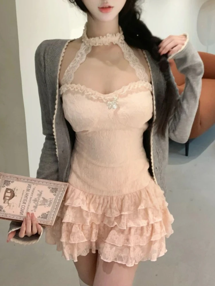New Spring Sweet Sexy 3 Piece Set Women Grey Cardigan + Halter Vest + Cake Skirt Japanese Pink Lace Ruffle Cute Slim Outfit 2025
New Spring Sweet Sexy 3 Piece Set Women Grey Cardigan + Halter Vest + Cake Skirt Japanese Pink Lace Ruffle Cute Slim Outfit 2025