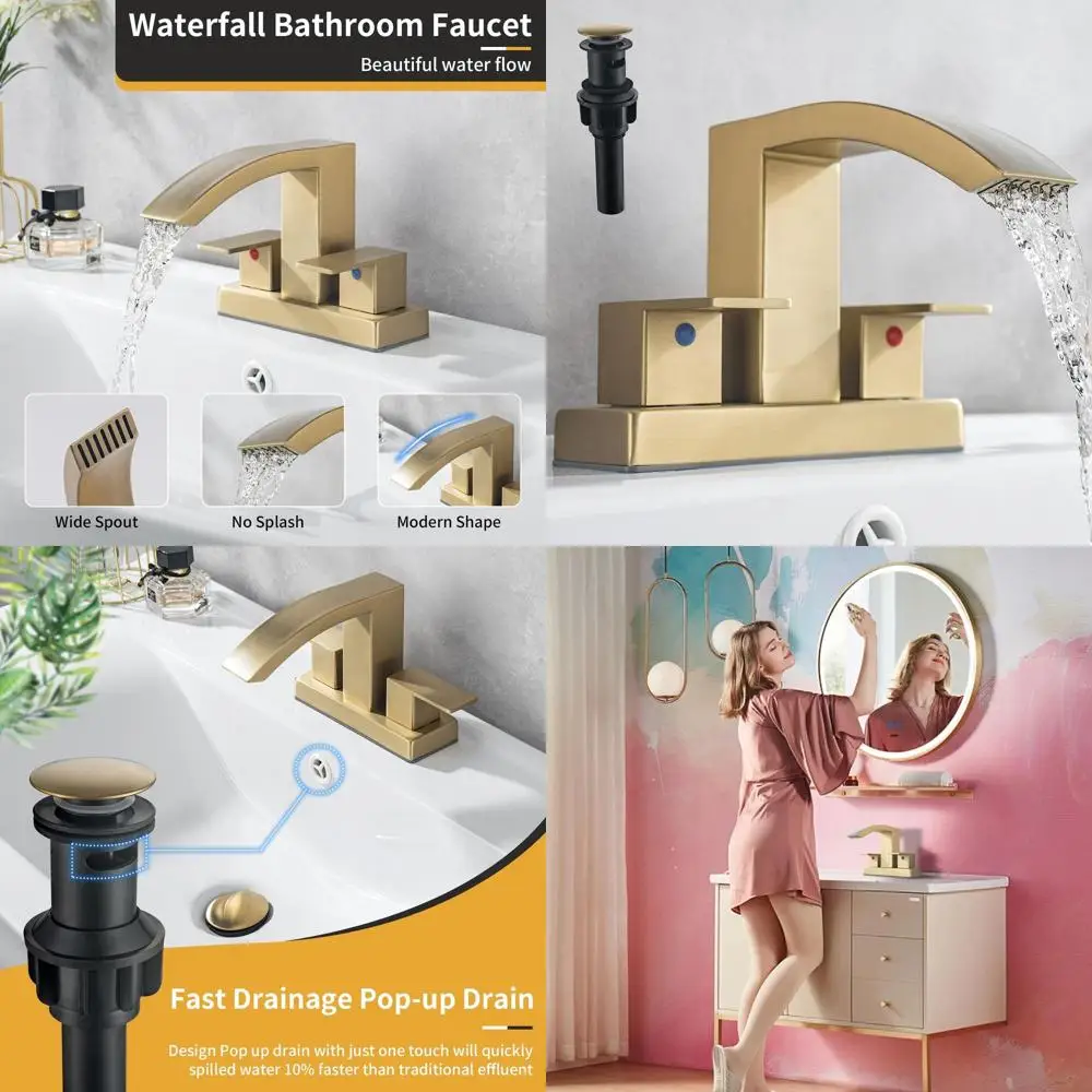 4-дюймовый смеситель-водопад с 2 ручками из матового золота и выдвижным сливом для раковины, туалетного столика, автофургонов и раковин на пьедестале
4-дюймовый смеситель-водопад с 2 ручками из матового золота и выдвижным сливом для раковины, туалетного столика, автофургонов и раковин на пьедестале