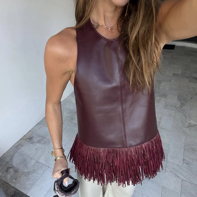 Fashion Commute High Waist Summer Tank Tops Casual Street Solid PU Leather Blouses Women's Elegant O-neck Tassel Splicing Vest
Fashion Commute High Waist Summer Tank Tops Casual Street Solid PU Leather Blouses Women's Elegant O-neck Tassel Splicing Vest