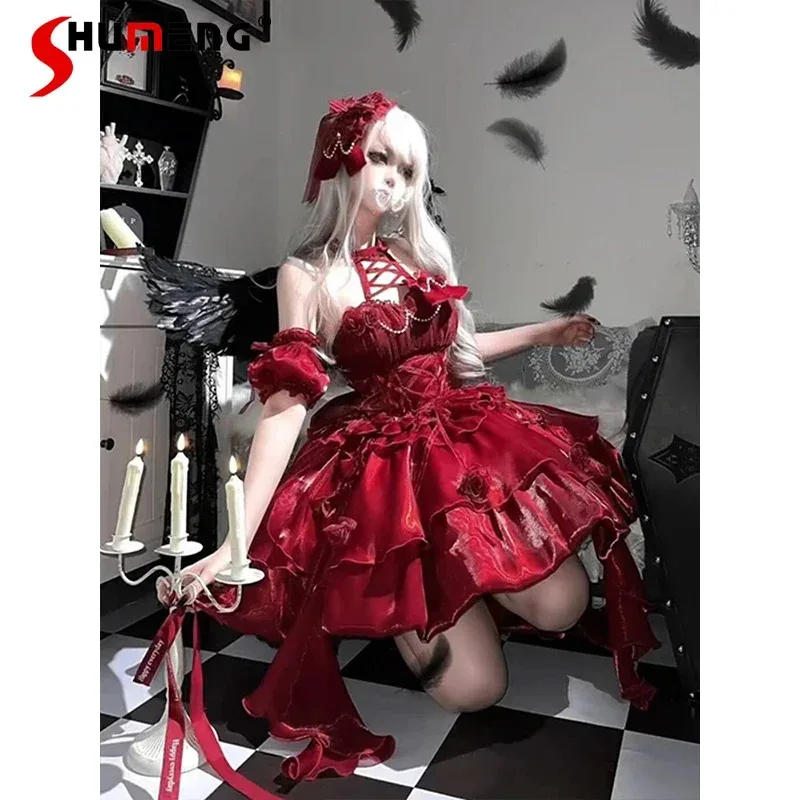 Red Lolita Dress Women's High Waist Slim Pearl Chain Halter Sleeveless Princess Suspender Dress Gothic Mini Dress Summer 2024
Red Lolita Dress Women's High Waist Slim Pearl Chain Halter Sleeveless Princess Suspender Dress Gothic Mini Dress Summer 2024