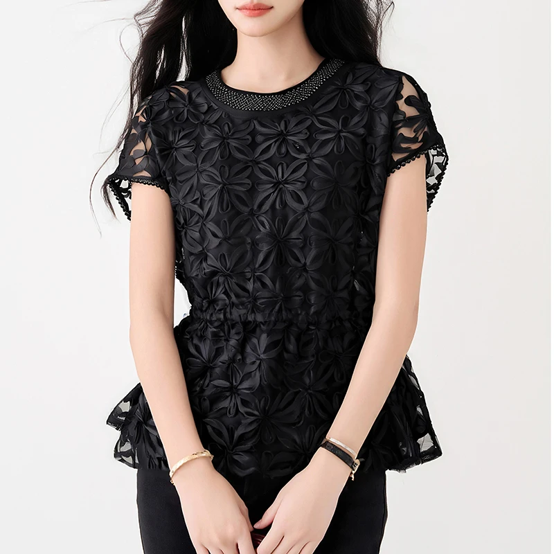 Hook Flower Black Shirts Women Short Sleeve Luxury Beaded Slim-Fit Stylish Blouse Tops Female Elegant Shirts Office Ladies
Hook Flower Black Shirts Women Short Sleeve Luxury Beaded Slim-Fit Stylish Blouse Tops Female Elegant Shirts Office Ladies