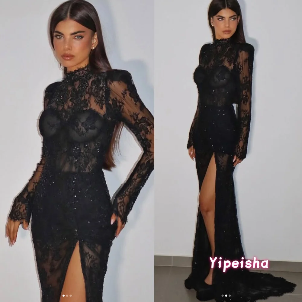 Mermaid Black Lace Evening Dress Leg Split Long Sleeve Prom Gowns Women Formal Gown Open Back robes de soirée Customized
Mermaid Black Lace Evening Dress Leg Split Long Sleeve Prom Gowns Women Formal Gown Open Back robes de soirée Customized