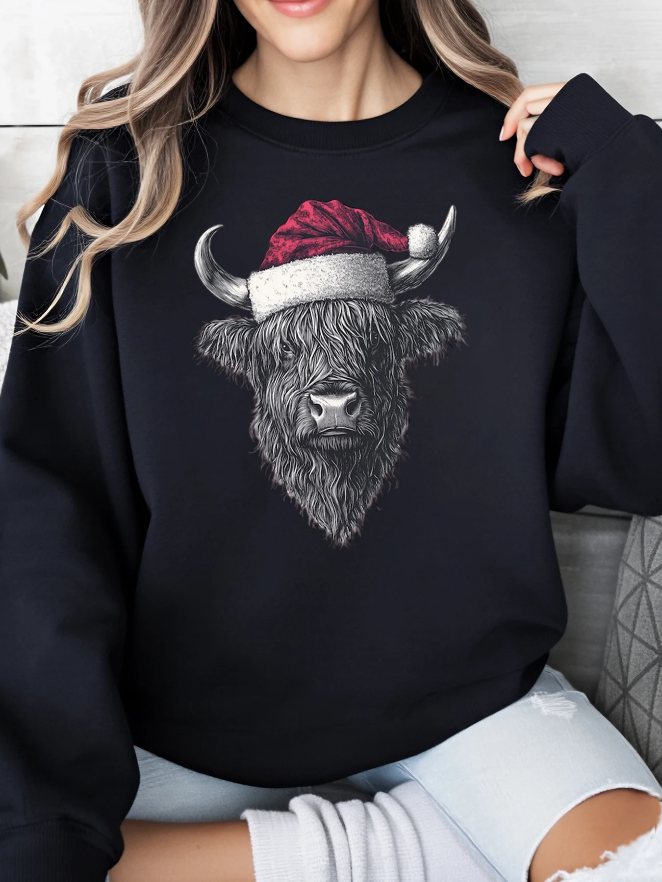 Christmas Bull Santa Hat Print Sweatshirt Women Holiday Casual Wear Black Plus-Size
Christmas Bull Santa Hat Print Sweatshirt Women Holiday Casual Wear Black Plus-Size