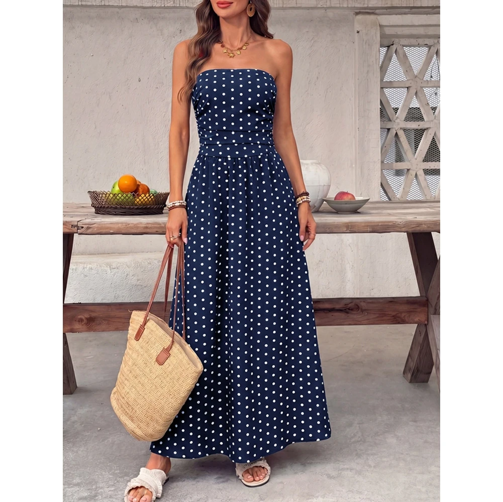 Vintage New Navy Polka Dot Strapless Sundress Smocked Back Flowy A Line Maxi Dress for Women Beach Trip Daily Casual Wear
Vintage New Navy Polka Dot Strapless Sundress Smocked Back Flowy A Line Maxi Dress for Women Beach Trip Daily Casual Wear