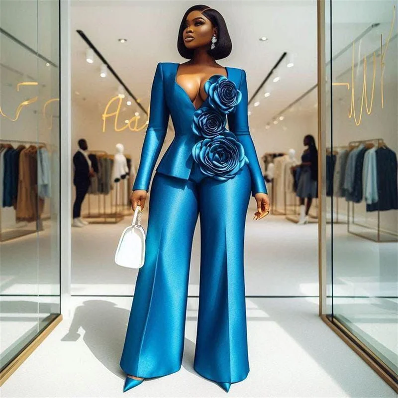 Blue Satin Women Suit Set 2 Piece Blazer Pants Trousers Flower Formal Office Lady Jacket Prom Wedding Bride Coat Customized
Blue Satin Women Suit Set 2 Piece Blazer Pants Trousers Flower Formal Office Lady Jacket Prom Wedding Bride Coat Customized