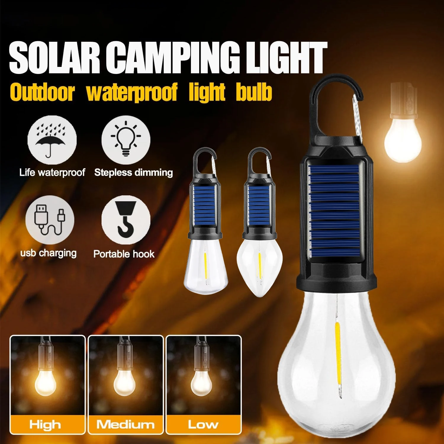 Warm Light Home Solar Rechargeable Light Bulb Outdoor Illumination Long Life with Hook Camping Atmosphere Tent Light
Warm Light Home Solar Rechargeable Light Bulb Outdoor Illumination Long Life with Hook Camping Atmosphere Tent Light