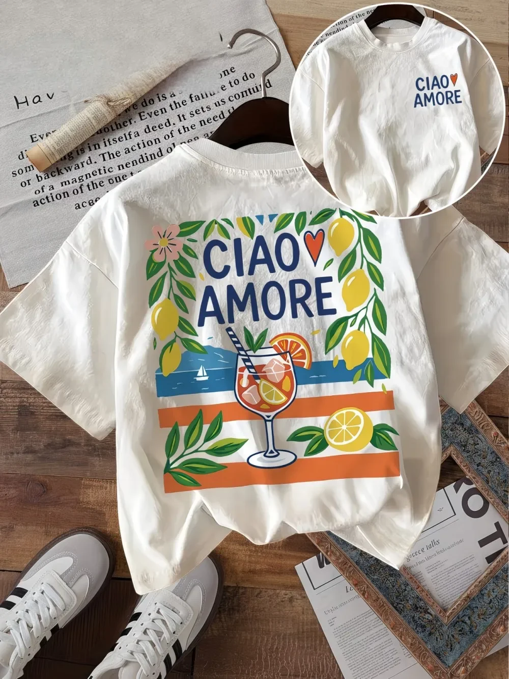 Ciao Amore Italian Graphic T Shirt Women Summer Mediterranean Vacation Lemon Print Tee Retro Aesthetic Harajuku Top
Ciao Amore Italian Graphic T Shirt Women Summer Mediterranean Vacation Lemon Print Tee Retro Aesthetic Harajuku Top
