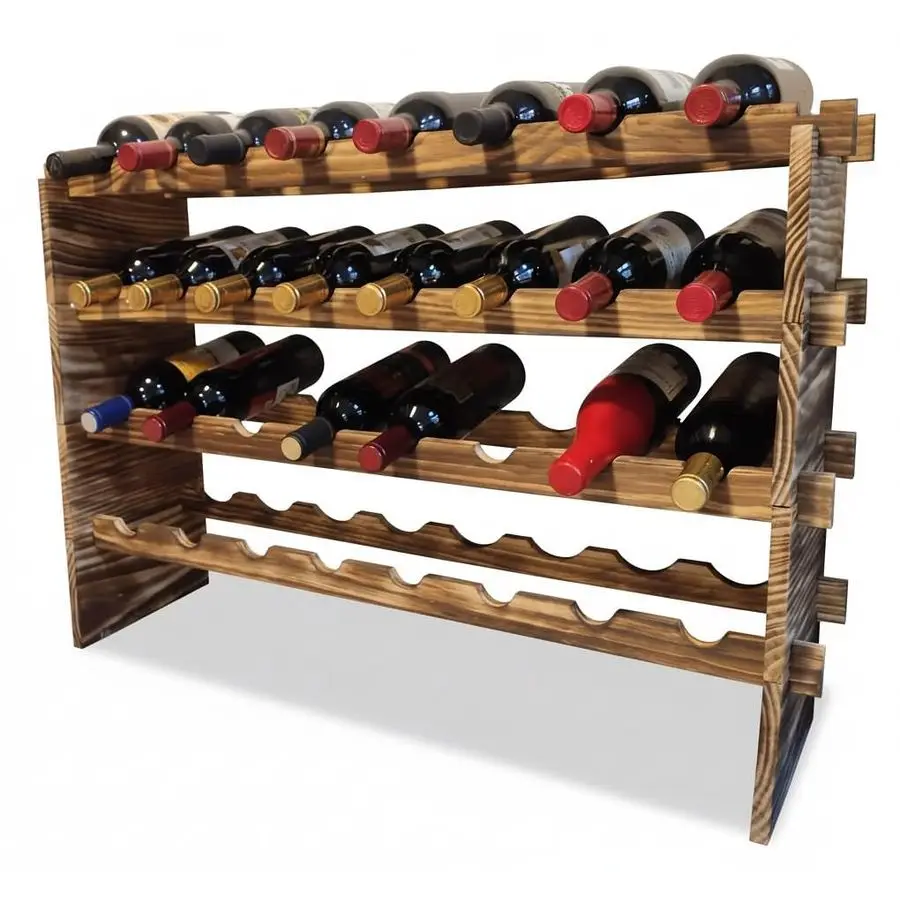 4Tier Stackable Wine Rack Freestanding Carbonized Pine Organizer for Home Bar, Kitchen, Countertop, Modular DIY Design