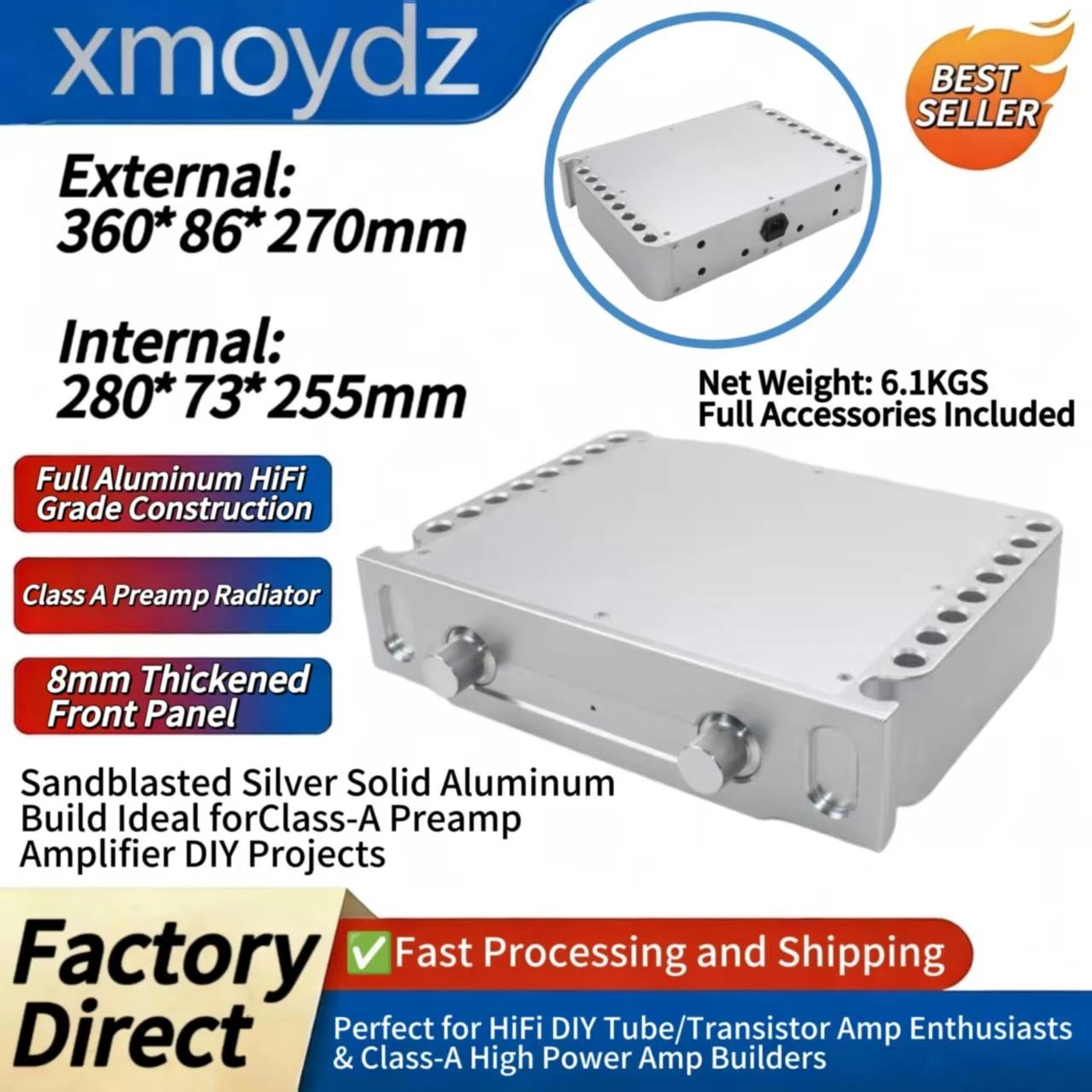 Корпус для Hi-Fi усилителя DIY из алюминия, 360*86*270 мм, класс A, с радиатором, пескоструйная обработка, серебристый, внутренние размеры: 280*73*255 мм
Корпус для Hi-Fi усилителя DIY из алюминия, 360*86*270 мм, класс A, с радиатором, пескоструйная обработка, серебристый, внутренние размеры: 280*73*255 мм