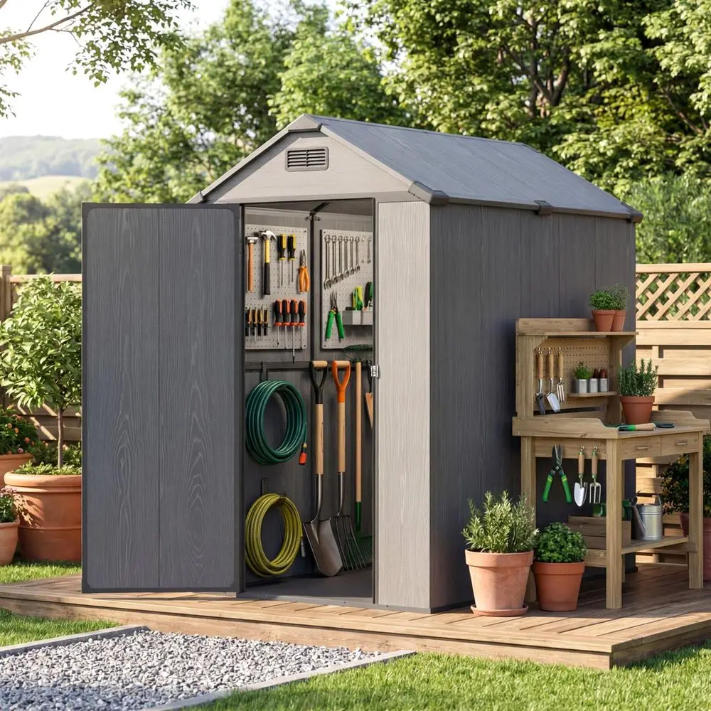 4x6 FT Resin Outdoor Storage Shed with Floor, Outdoor Plastic Shed with Lockable Door, Sloped Roof amp Vent, Versatile Tool She
4x6 FT Resin Outdoor Storage Shed with Floor, Outdoor Plastic Shed with Lockable Door, Sloped Roof amp Vent, Versatile Tool She
