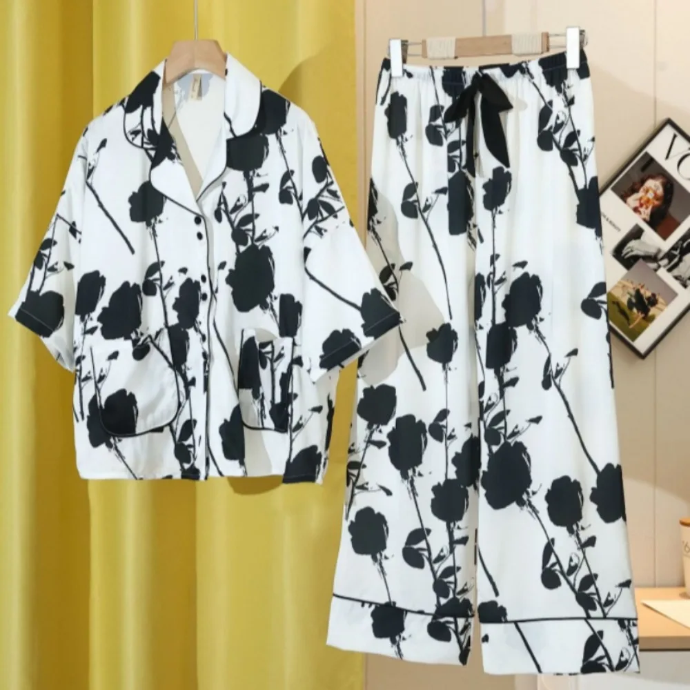 Floral Print Ice Silk Ladies Sleepwear Pj Sets Spring Autumn New Lapel Collar Tops Pyjama Loungewear Suit Thin Pajama for Women
Floral Print Ice Silk Ladies Sleepwear Pj Sets Spring Autumn New Lapel Collar Tops Pyjama Loungewear Suit Thin Pajama for Women