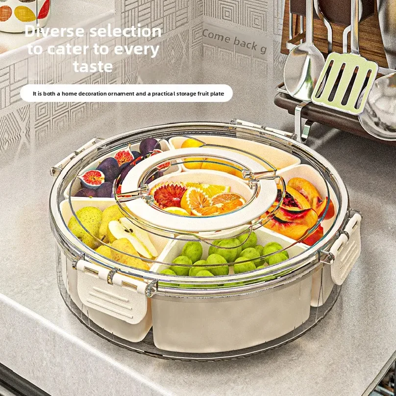 Six-point rotating fruit plate with handle, sealed moisture-proof dried fruit plate, portable household round snack box with lid
Six-point rotating fruit plate with handle, sealed moisture-proof dried fruit plate, portable household round snack box with lid