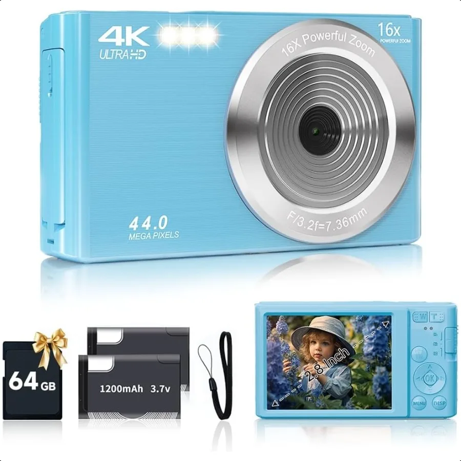 Digital Camera for Teens FHD 4K 44MP with 64GB SD Card 16X Digital Zoom Compact Point Shoot Camera Blue
Digital Camera for Teens FHD 4K 44MP with 64GB SD Card 16X Digital Zoom Compact Point Shoot Camera Blue
