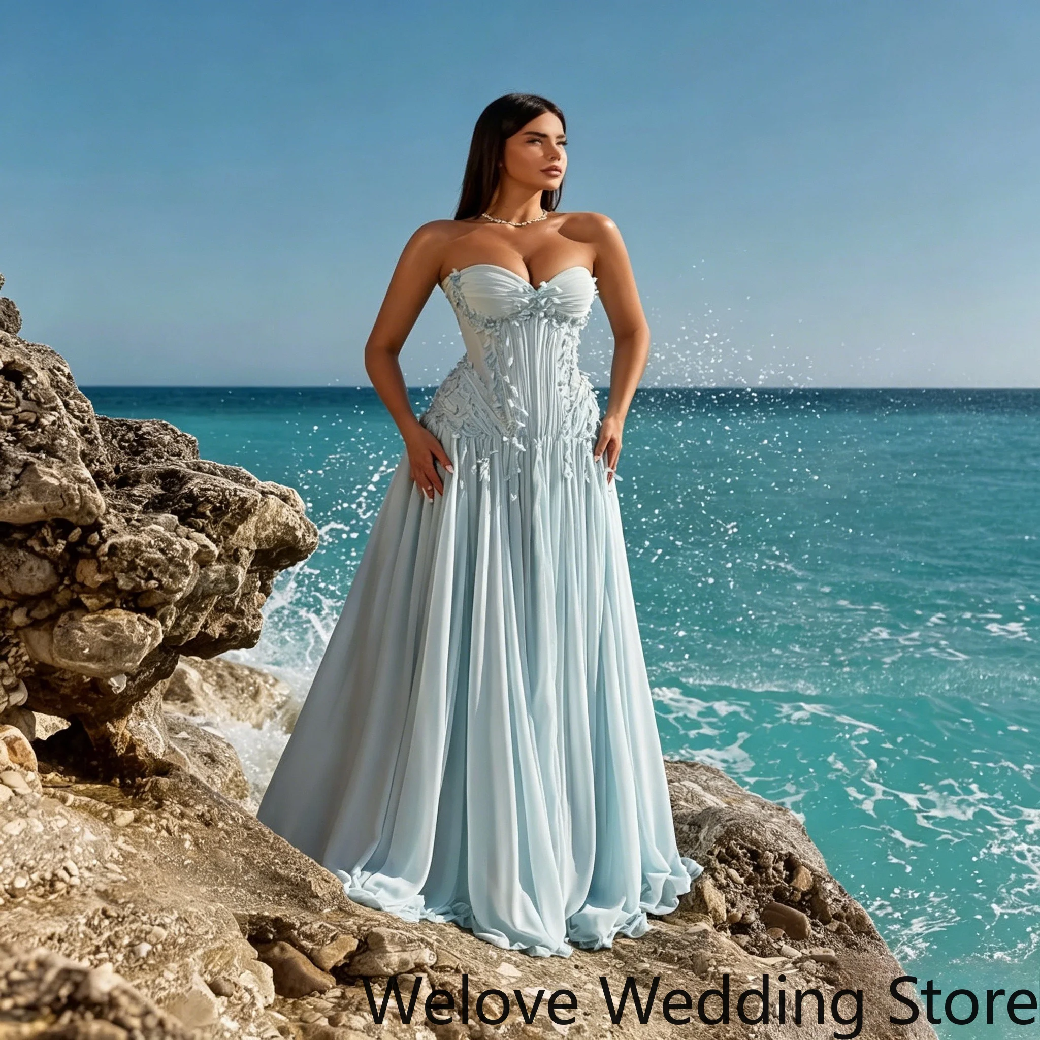 Formal Evening Gown Featuring a Strapless Sweetheart Neckline Ruched Bodice Delicate 3D Floral Appliqués on the Waist and Skirt
Formal Evening Gown Featuring a Strapless Sweetheart Neckline Ruched Bodice Delicate 3D Floral Appliqués on the Waist and Skirt