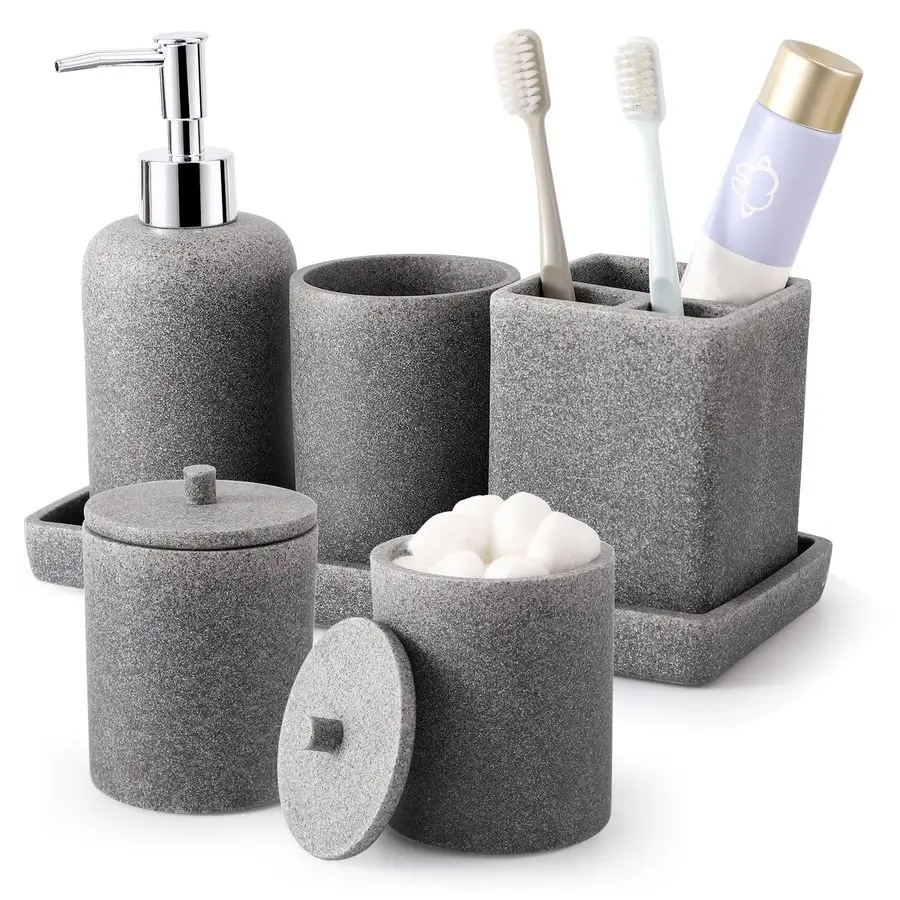 6 Pcs Gray Bathroom Set Complete with Toothbrush Holder, Lotion Soap Dispenser, 2 Qtip Holder Dispensers,Vanity Tray,Bathroom Tu
6 Pcs Gray Bathroom Set Complete with Toothbrush Holder, Lotion Soap Dispenser, 2 Qtip Holder Dispensers,Vanity Tray,Bathroom Tu