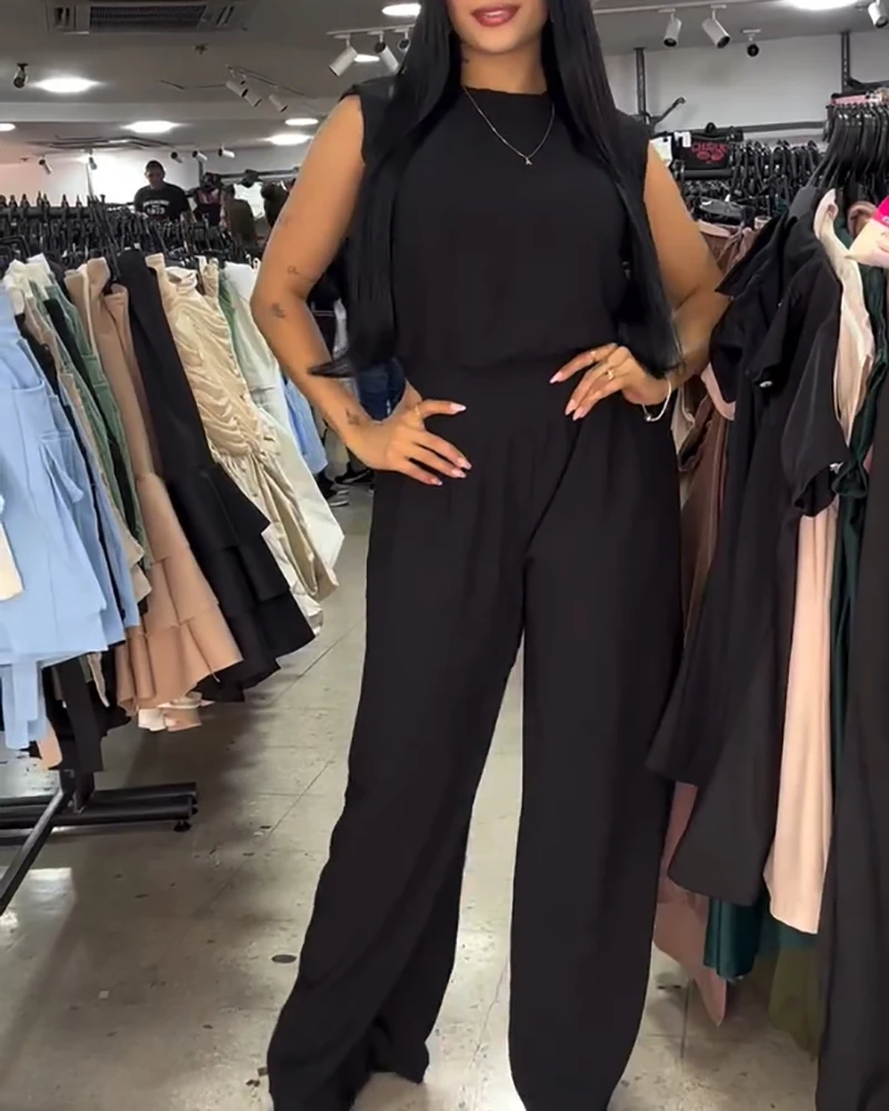 Round Neck Solid Color Sleeveless High Waisted Hollow Waist Jumpsuit for Women's Summer Casual Daily Loose Wide Leg Jumpsuit
Round Neck Solid Color Sleeveless High Waisted Hollow Waist Jumpsuit for Women's Summer Casual Daily Loose Wide Leg Jumpsuit