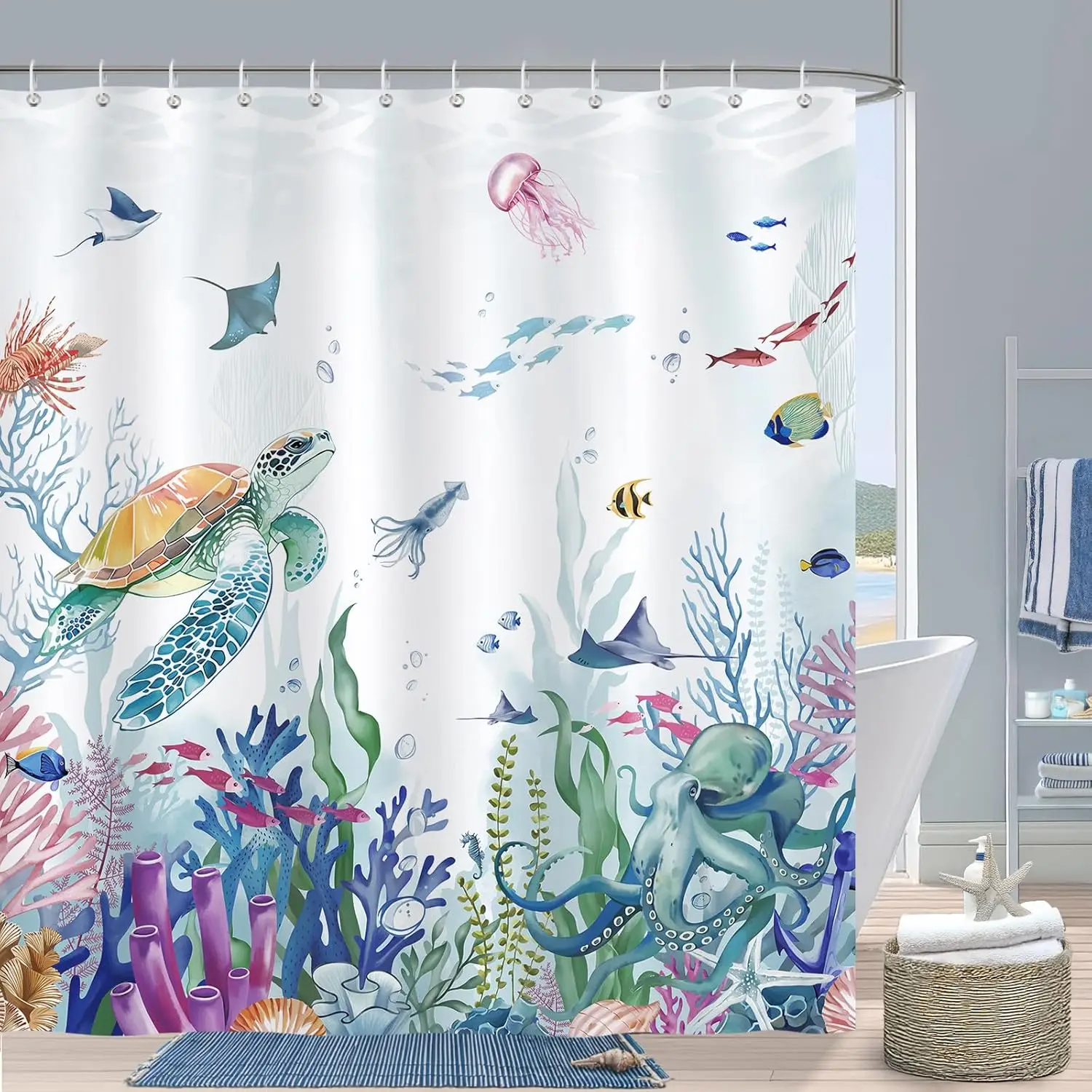 Watercolor Coral Reef Shower Curtain, Sea Turtle and Underwater Marine Life,Waterproof Fabric Bathroom Curtain for Calming Decor
Watercolor Coral Reef Shower Curtain, Sea Turtle and Underwater Marine Life,Waterproof Fabric Bathroom Curtain for Calming Decor