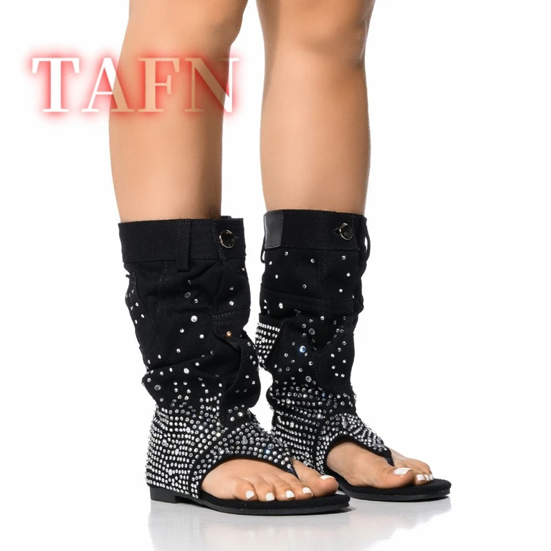 Rhinestone-embellished Mid-calf Boots Summer Women Thong Toe Flat Heels Denim Sandals Female Bling Cute Shoes Botas De Mujer 44
Rhinestone-embellished Mid-calf Boots Summer Women Thong Toe Flat Heels Denim Sandals Female Bling Cute Shoes Botas De Mujer 44