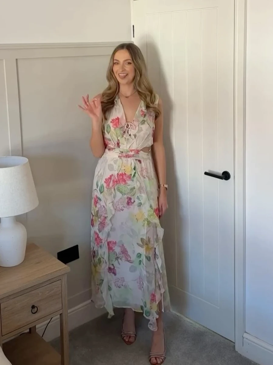 Floral Print Waist Hollow Out Midi Dress Women Lace-up Sleeveless Ruffle Long Dresses Summer New Casual Elegant Fashion Vestidos
Floral Print Waist Hollow Out Midi Dress Women Lace-up Sleeveless Ruffle Long Dresses Summer New Casual Elegant Fashion Vestidos