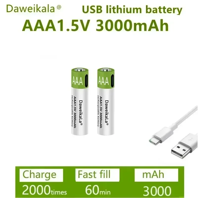 New 1.5V AAA Rechargeable Battery 3000mAh, Rechargeable AAA Lithium Polymer Battery with Quick Charging via Type-C USB Cable
New 1.5V AAA Rechargeable Battery 3000mAh, Rechargeable AAA Lithium Polymer Battery with Quick Charging via Type-C USB Cable