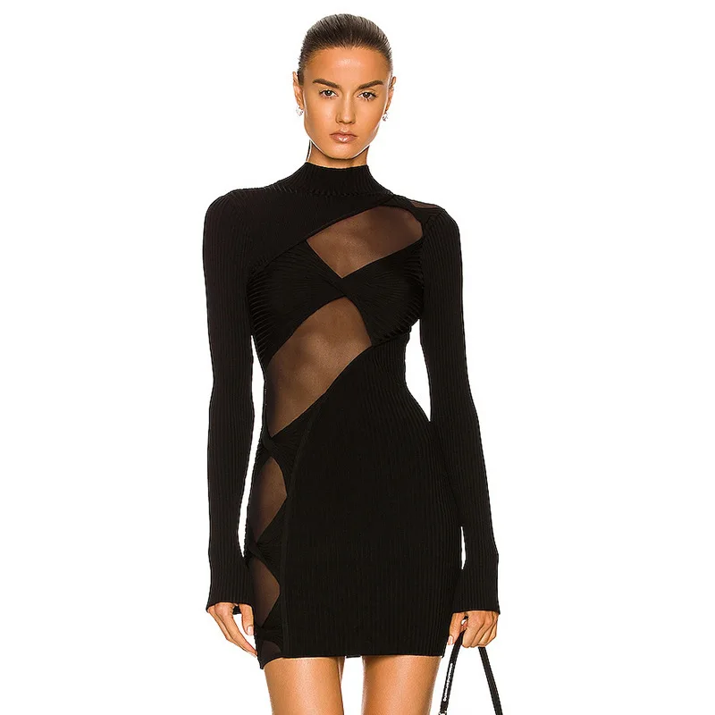 New hot-selling high-end classic sexy black long-sleeved bandage skirt European and American fashion black tulle splicing tight
New hot-selling high-end classic sexy black long-sleeved bandage skirt European and American fashion black tulle splicing tight
