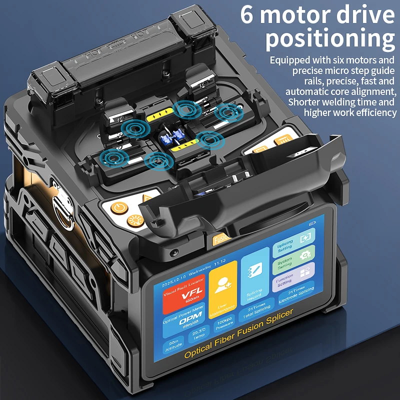 COMPTYCO A-10 Fiber Optic Fusion Splicer Multilingual Touch Screen 6 Motors SM/MM Optical Fiber Fusion Machine Built-in OPM VFL
COMPTYCO A-10 Fiber Optic Fusion Splicer Multilingual Touch Screen 6 Motors SM/MM Optical Fiber Fusion Machine Built-in OPM VFL