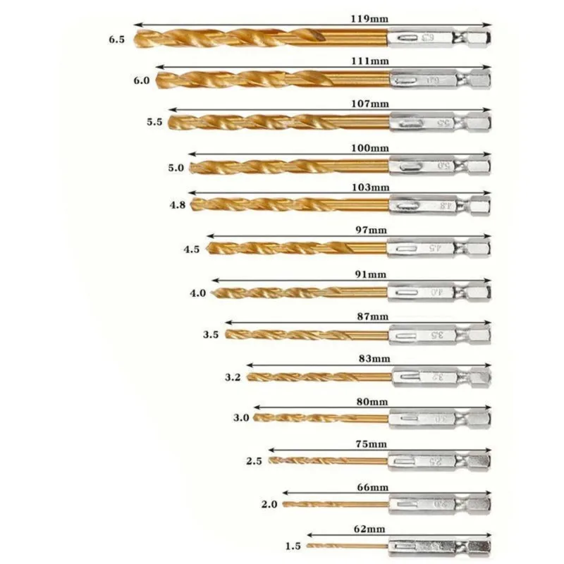 MAKE-High-Speed Steel Twist Drill Bits 13Pcs Hex Shank Electric Screwdriver Titanium Coating Hardware Set
MAKE-High-Speed Steel Twist Drill Bits 13Pcs Hex Shank Electric Screwdriver Titanium Coating Hardware Set