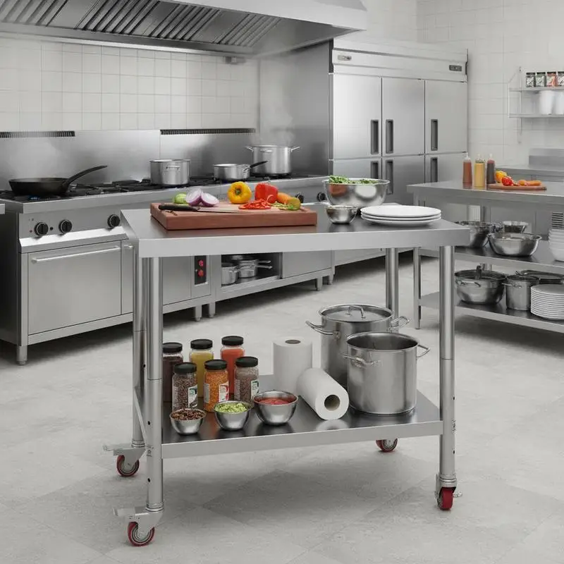 Metal Food Prep Station 36 x 30 x 34 Inch For Commercial Kitchen Restaurant Workshop, 700 LBS Load Capacity 4 Wheels 3 Adjustable Height Levels Heavy Duty Silver
Metal Food Prep Station 36 x 30 x 34 Inch For Commercial Kitchen Restaurant Workshop, 700 LBS Load Capacity 4 Wheels 3 Adjustable Height Levels Heavy Duty Silver
