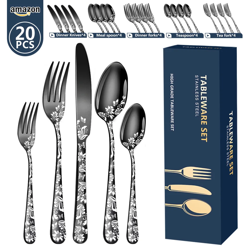 20 PCS Pattern Stainless Steel Tableware 5-component 20 Pcs Set of Western Food Steak Knife Fork and Spoon Set Cutlery
20 PCS Pattern Stainless Steel Tableware 5-component 20 Pcs Set of Western Food Steak Knife Fork and Spoon Set Cutlery