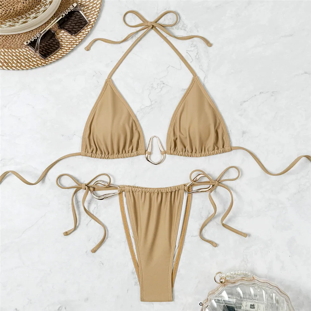 Metal Ring Halter String Triangle Bikini Micro Thong Sexy Swimsuit Women 2025 Khaki Solid Swimwears Bathing Suit Bikinis Sets
Metal Ring Halter String Triangle Bikini Micro Thong Sexy Swimsuit Women 2025 Khaki Solid Swimwears Bathing Suit Bikinis Sets