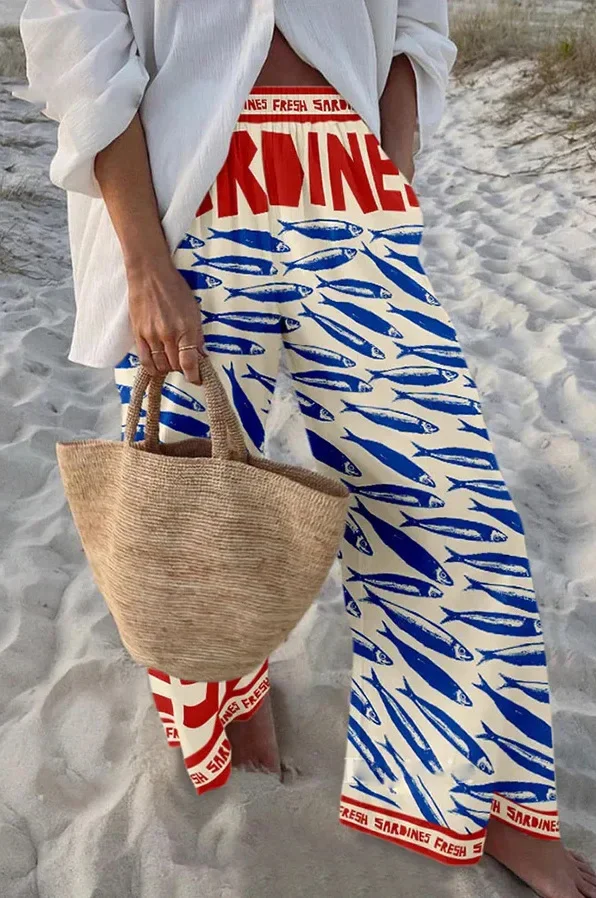 Ladies Beach Pants High Quality Pure Cotton Fabric Blue Fish Graphic Printing Chic Trend Fashion New Loose Wide Leg Trousers
Ladies Beach Pants High Quality Pure Cotton Fabric Blue Fish Graphic Printing Chic Trend Fashion New Loose Wide Leg Trousers