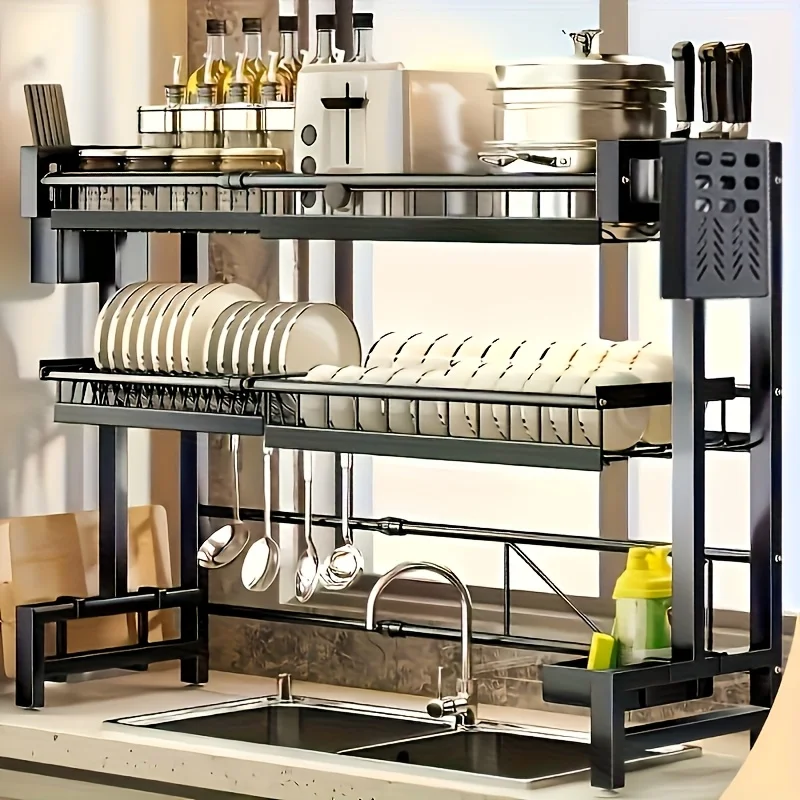 1 Adjustable Black Metal Kitchen Rack With Sink And Lid -2-layer Expandable Dishwasher Rack With Cutlery Rack.
1 Adjustable Black Metal Kitchen Rack With Sink And Lid -2-layer Expandable Dishwasher Rack With Cutlery Rack.