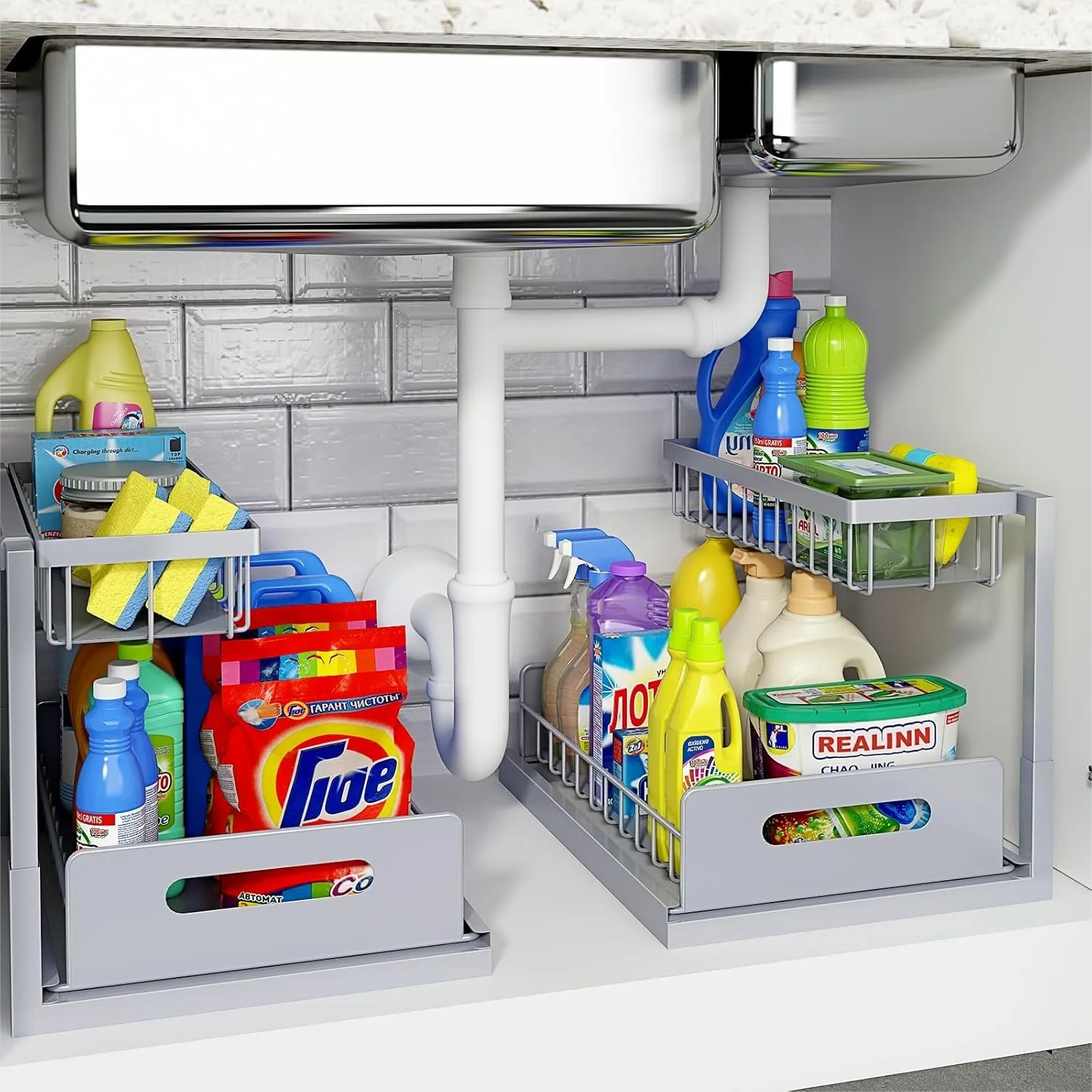Under Sink Organizer 2 Tier Pull Out Cabinet Shelf, L-Shaped Slide Out Storage for Kitchen Bathroom, 50 lbs Capacity, Grey 2
Under Sink Organizer 2 Tier Pull Out Cabinet Shelf, L-Shaped Slide Out Storage for Kitchen Bathroom, 50 lbs Capacity, Grey 2