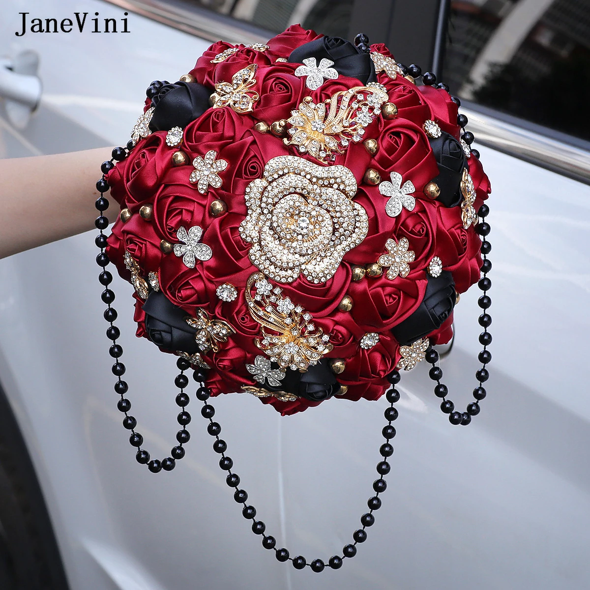 JaneVini 2025 Dark Red Bridal Bouquets Luxury Gold Jewelry Black Pearls Artificial Satin Roses Bride Bouquet Flowers for Wedding
JaneVini 2025 Dark Red Bridal Bouquets Luxury Gold Jewelry Black Pearls Artificial Satin Roses Bride Bouquet Flowers for Wedding