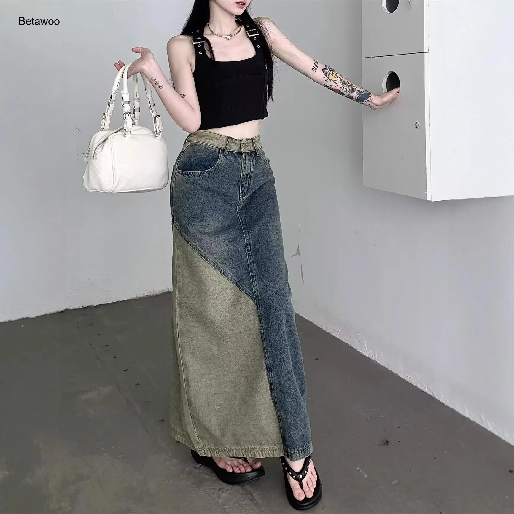 Women Two Tone Patchwork Denim Maxi Skirt High Waist Asymmetrical Color Block Casual Streetwear Long Jean Skirt
Women Two Tone Patchwork Denim Maxi Skirt High Waist Asymmetrical Color Block Casual Streetwear Long Jean Skirt