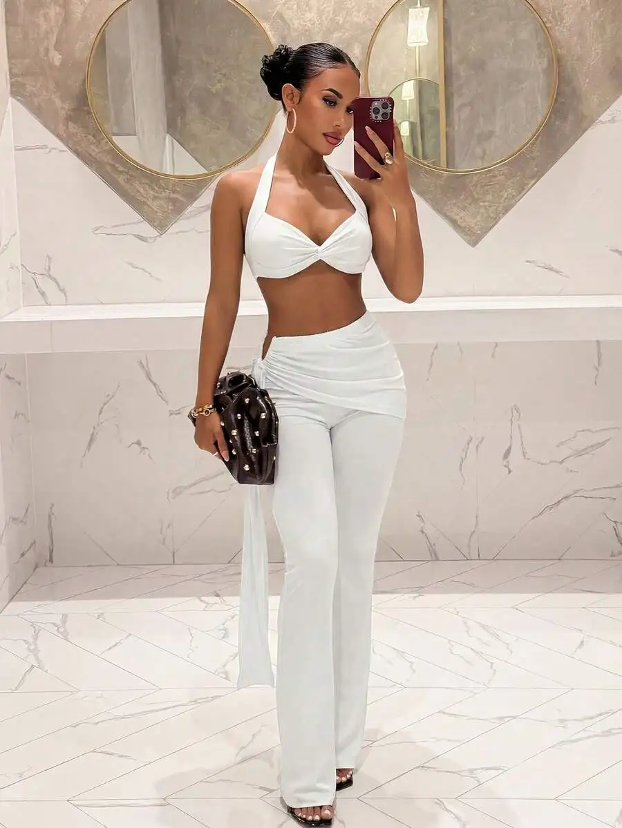 Womens White Halter Twist Top And Flared Trousers Two Piece Set Summer Club Party Vacation Outfit
Womens White Halter Twist Top And Flared Trousers Two Piece Set Summer Club Party Vacation Outfit
