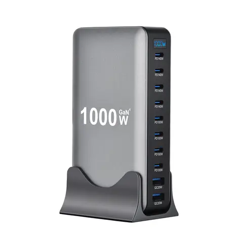 Carregador de mesa gan de 10 portas 1000w, 140w pd, carregamento rápido para laptop macbook pro, 100w para telefone tablet, estação de hub usb multiportas