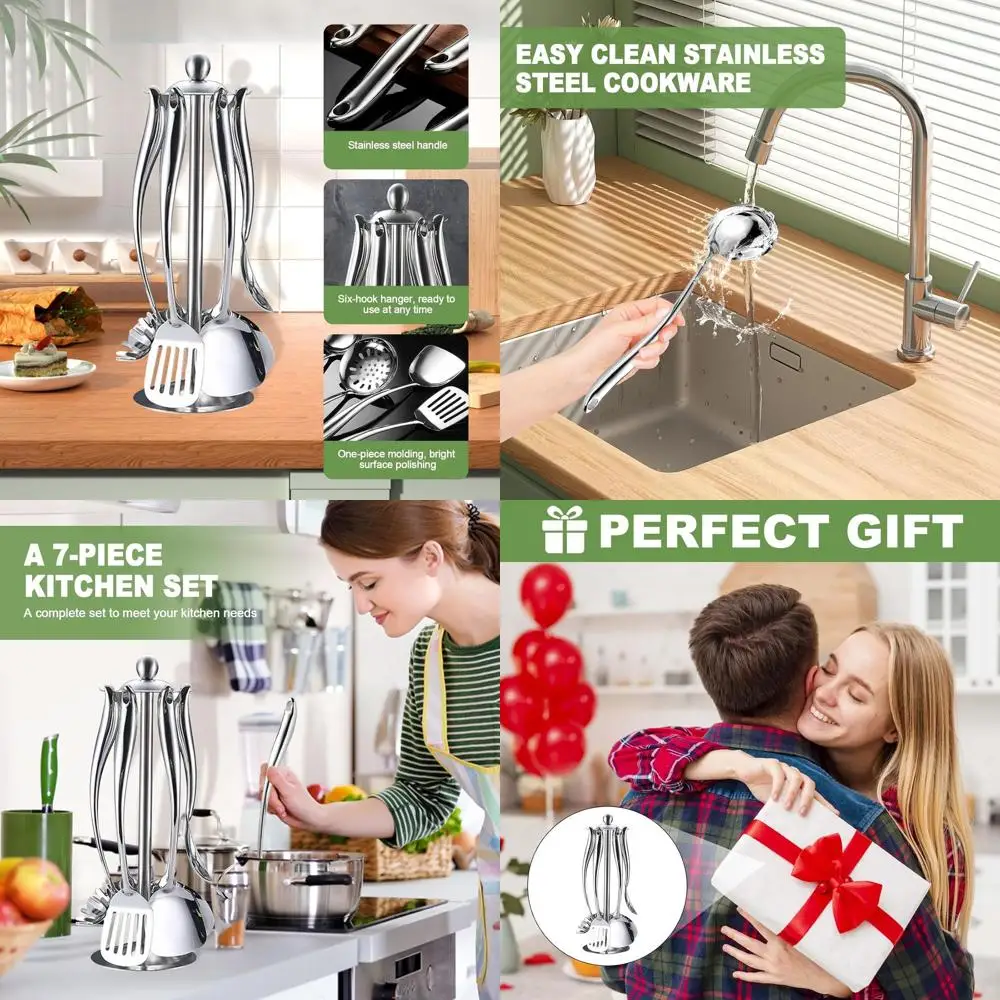 Вращающийся держатель, набор кухонной утвари из нержавеющей стали из 7 предметов: лопаточка, ковш, токарный станок, скиммер, сервер для пасты, большая ложка
Вращающийся держатель, набор кухонной утвари из нержавеющей стали из 7 предметов: лопаточка, ковш, токарный станок, скиммер, сервер для пасты, большая ложка