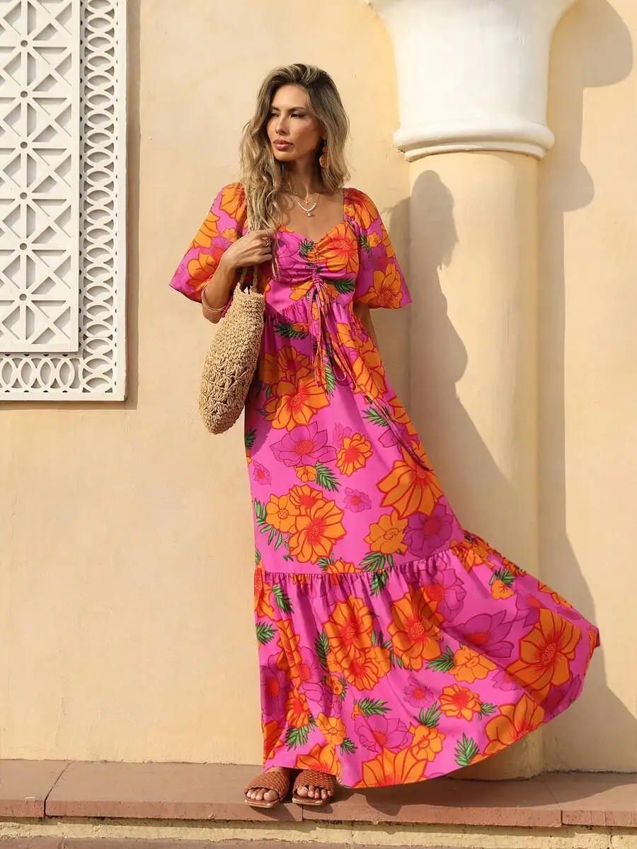 Womens Bohemian Floral Maxi Dress V-Neck Drawstring Waist Flutter Sleeve Tiered A-Line For Beach Travel
Womens Bohemian Floral Maxi Dress V-Neck Drawstring Waist Flutter Sleeve Tiered A-Line For Beach Travel