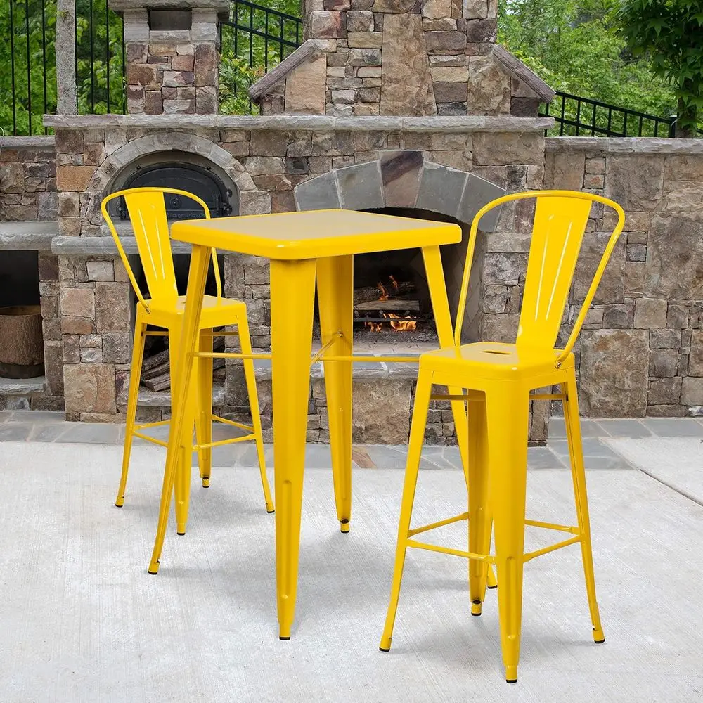 23.75SQ Yellow Metal Indoor-Outdoor Bar Table Set with 2 Stools and Backs
23.75SQ Yellow Metal Indoor-Outdoor Bar Table Set with 2 Stools and Backs