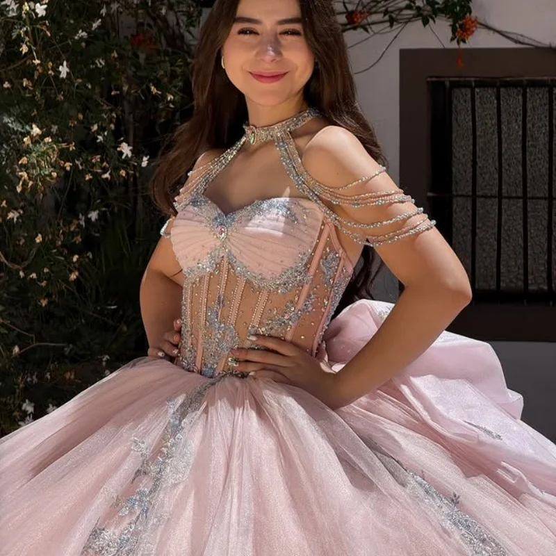 Light Pink Quinceanera Dress crystal glitter flower Decal Long tail Lace beads Big Bow Vestidos De 15 Quinceanera Customize
Light Pink Quinceanera Dress crystal glitter flower Decal Long tail Lace beads Big Bow Vestidos De 15 Quinceanera Customize