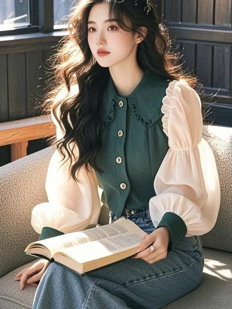 Hot Vintage Women's Blouses Korean Shirts Lady Loose Spring/Summer Chiffon Clothing Patchwork Long Sleeve Ruffle Women Tops 2025 
Hot Vintage Women's Blouses Korean Shirts Lady Loose Spring/Summer Chiffon Clothing Patchwork Long Sleeve Ruffle Women Tops 2025