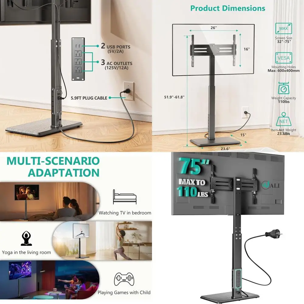 Adjustable Swivel TV Stand with Power Outlet for 32-75 Inch TVs up to 110 lbs, Wood Base for Home and Office (Black)
Adjustable Swivel TV Stand with Power Outlet for 32-75 Inch TVs up to 110 lbs, Wood Base for Home and Office (Black)