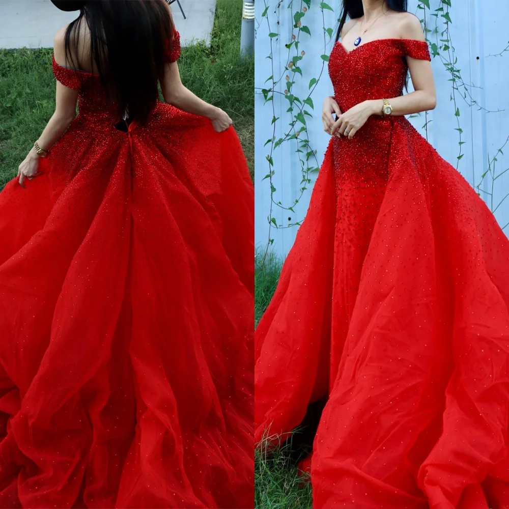 Customized Sparkly Red Evening Dress Modern Off the Shoulder Dresses 2025 Woman High Quality Chapel Train Bespoke Occasion Gowns
Customized Sparkly Red Evening Dress Modern Off the Shoulder Dresses 2025 Woman High Quality Chapel Train Bespoke Occasion Gowns