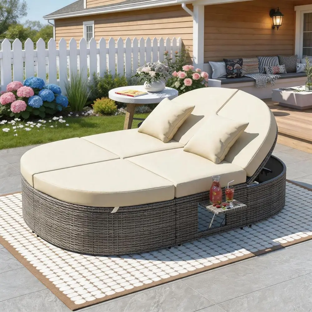 2-Person Adjustable Backrest Daybed, Round Rattan Patio Furniture Set with Side Trays and Cushions for Outdoor Relaxation
2-Person Adjustable Backrest Daybed, Round Rattan Patio Furniture Set with Side Trays and Cushions for Outdoor Relaxation
