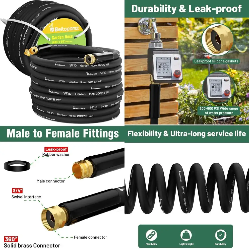 Heavy-Duty 5/8 Inch Flexible Rubber Garden Hose, 100 Feet Long, Durable and Lightweight, Leak-Resistant Connections, Suitable fo
Heavy-Duty 5/8 Inch Flexible Rubber Garden Hose, 100 Feet Long, Durable and Lightweight, Leak-Resistant Connections, Suitable fo